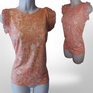 INC International Concepts Floral Print Ruffle Sleeve Tank, Size XL, Peach White